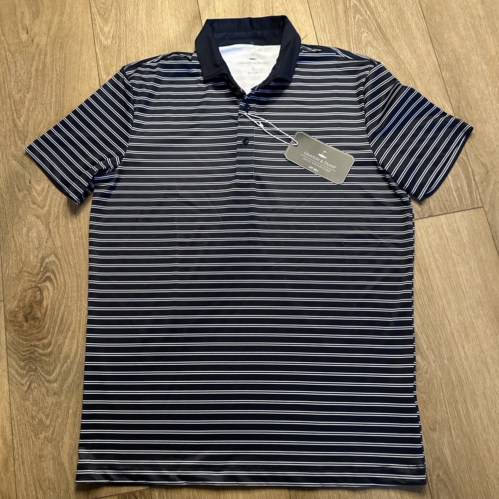 NEW Grayson & Dunn‎ Performance Golf Polo Shirt Mens Size Small Blue Striped
